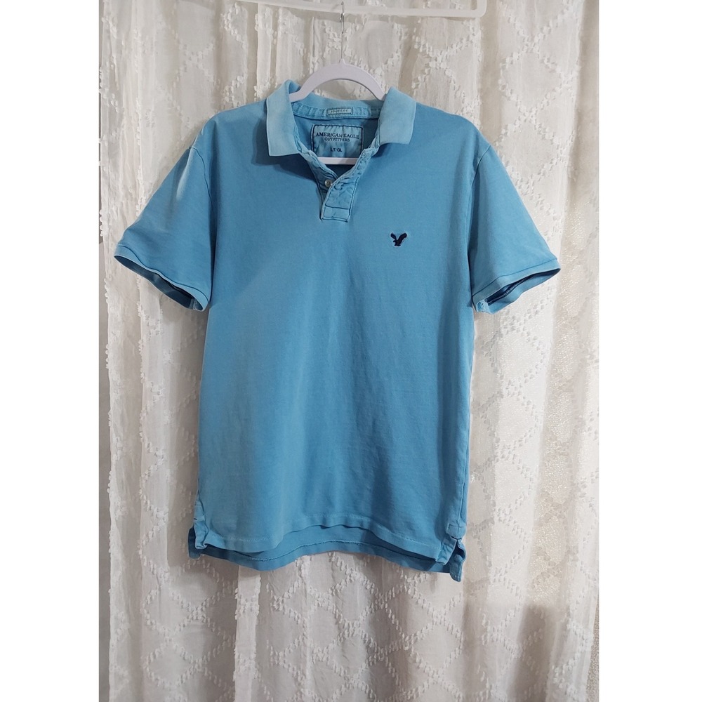 American Eagle Mens Athletic Fit Polo Shirt Large Tall LT Blue Cotton Pique Logo